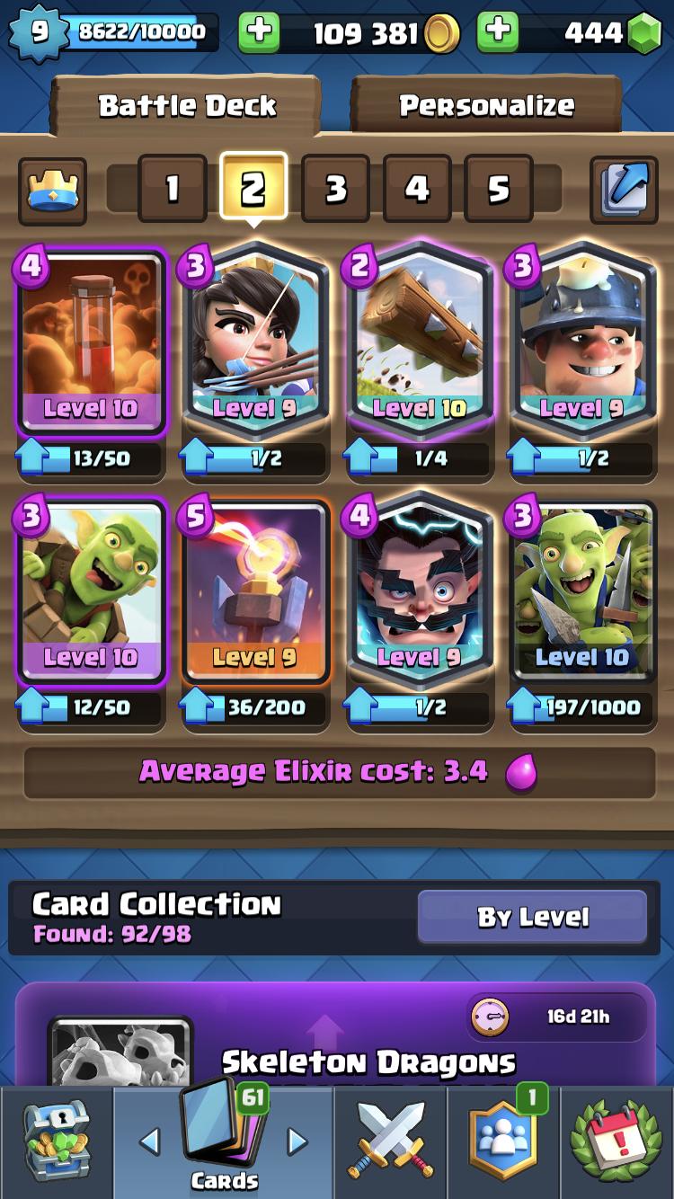 P.K.K.A/goblin barrel deck, 110000 gold, 450 gems,lots of token.